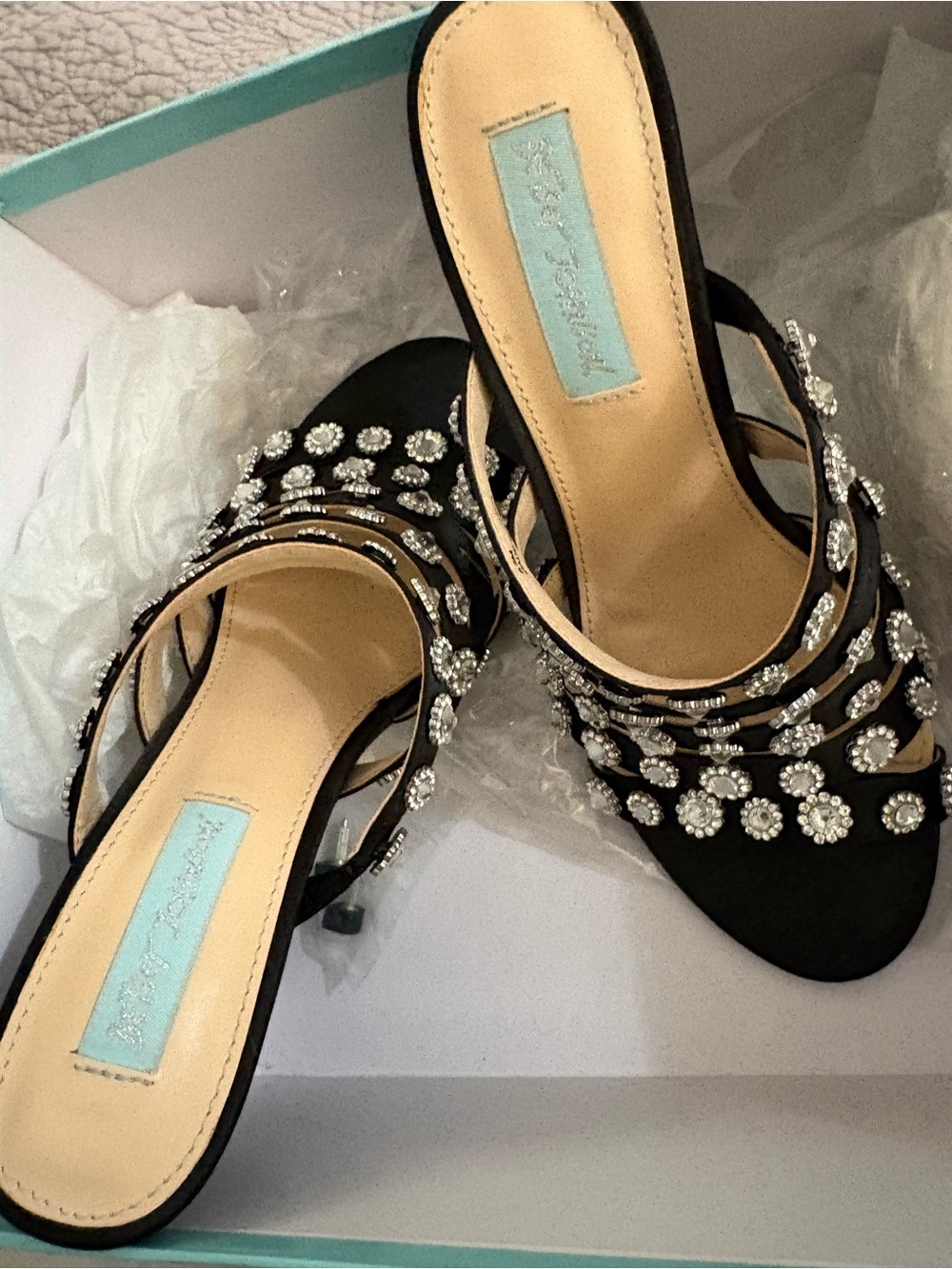Vintage Betsey Johnson Black Jeweled Strappy Mule Slides